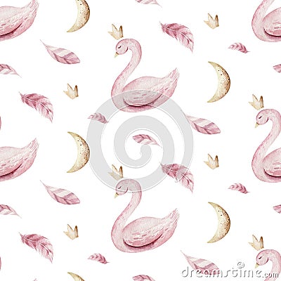 Baby shower kid swan watercolor girl seamless pattern butterfly cartoon elements. Set of baby pink dress and baby`s Cartoon Illustration