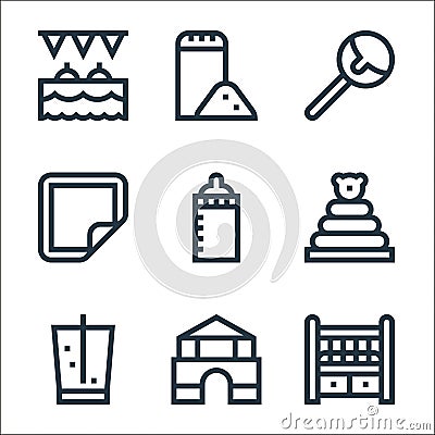 baby shower line icons. linear set. quality vector line set such as cot, wooden, soda, pyramid, baby bottle, mat, cake pop, talcum Vector Illustration