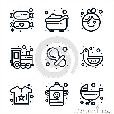 baby shower line icons. linear set. quality vector line set such as trolley, baby bottle, shirt, duck, dummy, train, baby girl, Vector Illustration