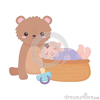 Baby shower, little boy in basket with teddy bear and pacifier, celebration welcome newborn Vector Illustration