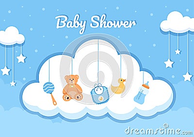 Baby Shower Little Boy or Girl with Cute Design Toys and Accessories Newborn Babies Background Illustration for Invitation Vector Illustration