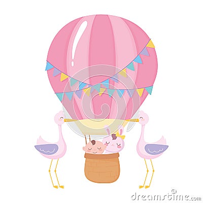 Baby shower, little boy and rabbit in basket storks, celebration welcome newborn Vector Illustration