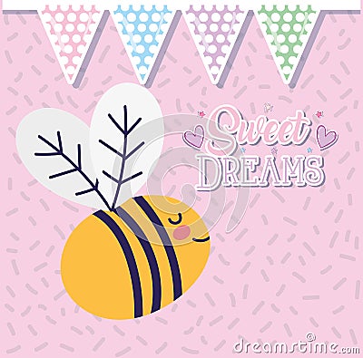 Baby shower love sweet dreams cute bee flying bunting decoration Vector Illustration