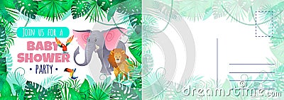 Baby shower party card. Holiday card with cute funny exotic animals and tropical palm leaves, cartoon elephant and lion Vector Illustration