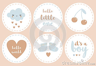 Baby Shower Party Stickers with Cloud, Heart, Cherries and Baby Boots. Baby Boy Party. Vector Illustration