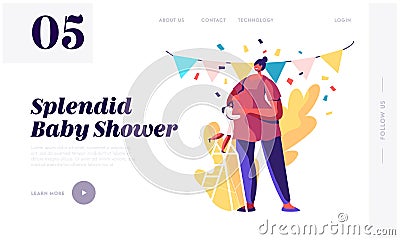 Baby Shower Party Website Landing Page, Girl Character Stand on Ladder Hugging Belly of Huge Pregnant Woman in Decorated Room Vector Illustration