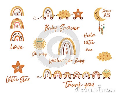 Baby shower phrases for boho invitations. Cute baby rainbows train, little star, cloud, moon Vector Vector Illustration