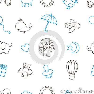 Baby shower related seamless pattern. Hand drawn vector vintage illustration. Vector Illustration