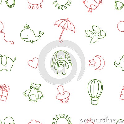 Baby shower related seamless pattern. Hand drawn vector vintage illustration. Vector Illustration