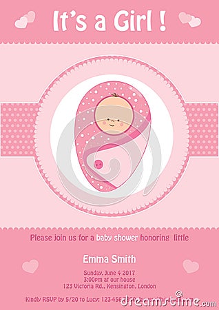 Baby Shower, It`s a girl pink invitation card,with cute baby Stock Photo