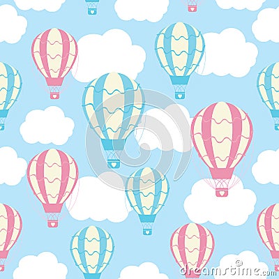 Baby shower seamless pattern with cute hot air balloons on blue sky Stock Photo