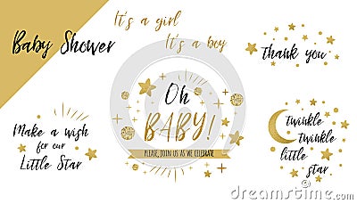 Baby shower set gold templates Twinkle twinkle little star text Oh baby glitter star invtation thank you card Cartoon Illustration