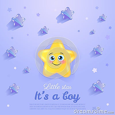Baby shower square banner with cartoon little star and realistic stars on blue background. It's a boy Vector Illustration
