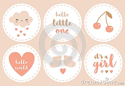 Baby Shower Stickers with Cloud, Hearts, Cherries and baby Boots. baby Girl Party. Vector Illustration