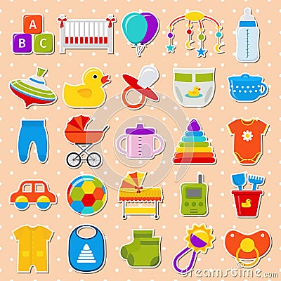 Baby shower stickers. Set icons. Vector illustration. Vector Illustration