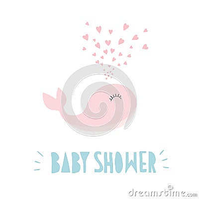 Baby Shower Sweet Vector Illustration. Cute Abstract Pink Whale. Light Blue Hand Written Letters. White Background. Vector Illustration