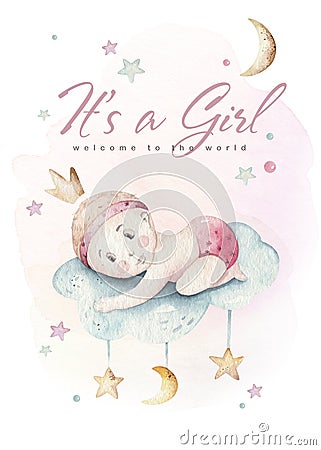 Baby shower watercolor girl design elements. Set of baby pink birthday illustration. Newborn party invitation Cartoon Illustration