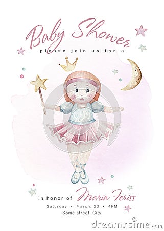 Baby shower watercolor girl design elements. Set of baby pink birthday illustration. Newborn party invitation Cartoon Illustration