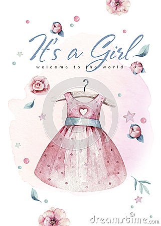 Baby shower watercolor girl dress design elements. Set of baby pink birthday illustration. Newborn party invitation Cartoon Illustration