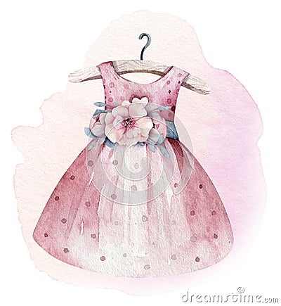 Baby shower watercolor girl dress design elements. Set of baby pink birthday illustration. Newborn party invitation Cartoon Illustration