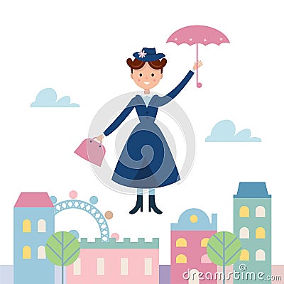 Baby Sitter Mary Poppins Flying Over the Town. Vector Illustration Vector Illustration