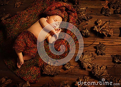 Baby Sleeping Autumn Background, New Born Kid Asleep, Newborn Stock Photo