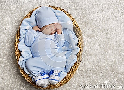 Baby Sleeping, Newborn Kid Sleep Basket, New Born Child Asleep Stock Photo