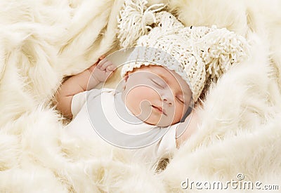 Baby Sleeping, Newborn Kid Sleep in Hat, New Born Girl Stock Photo