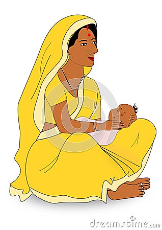 Baby slipping on Mother's Lap SVG. Indian Mother sitting with her baby Stock Vector. Cartoon Illustration