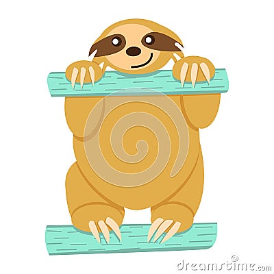 Baby sloth sitting on turquoise green fence. Cute and funny. Cartoon style. Nature and ecology. Southern and Central America fauna Vector Illustration