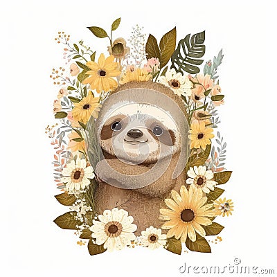 Cute Baby Baby Sloth Floral, Spring Flowers, illustration ,clipart, isolated on white background Stock Photo