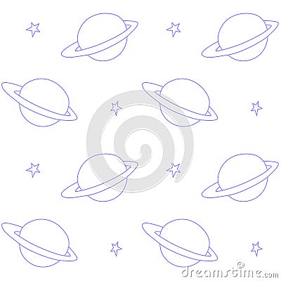 Baby space seamless pattern. Cartoon outline planet saturn and stars. Vector cosmic background and texture. For kids design, Stock Photo