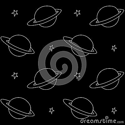 Baby space seamless pattern. Cartoon outline planet saturn and stars. Vector cosmic background and texture. For kids design, Stock Photo