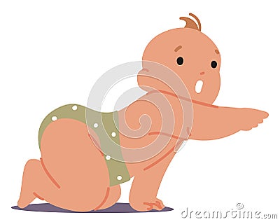 Baby Stands On Knees With Pointing Gesture, Pose Involves Extending One Arm With A Straightened Index Finger Vector Illustration