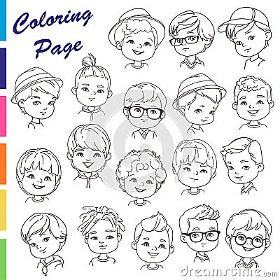 Coloring page. Collection of young boys portraits with different hairstyles Vector Illustration