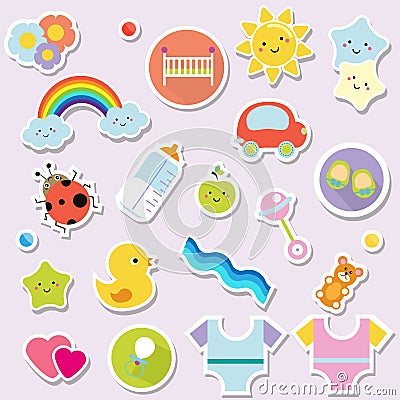 Baby stickers. Kids, children design elements for scrapbook. Decorative vector icons with toys, clothes, sun and other cute newbor Vector Illustration