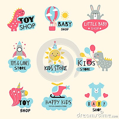 Baby store. Kids shop labels collection clothes and toys for children recent vector ads logotypes templates collection Vector Illustration