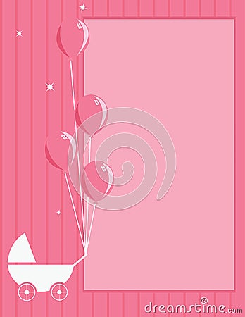 Baby stroller and balloon pink striped background Stock Photo