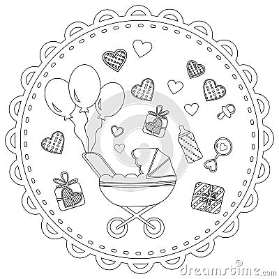 Baby stroller and hearts, Coloring book Vector Illustration