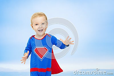 Baby Superhero, Kid Man in Blue Super Hero Costume, Superman Stock Photo