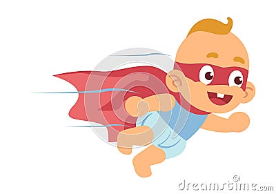 Baby superhero, little boy in red cape and mask flying. Super hero kid in diaper, justice fighter in cape speed running Vector Illustration
