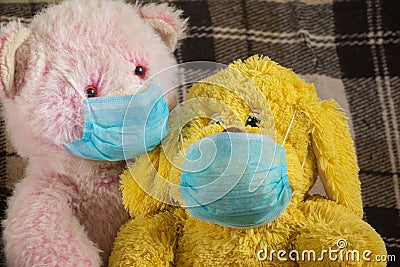 Medical teddy bear masked closeup coronavirus epidemic Stock Photo