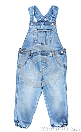 Baby toddler blue jean overall isolated on white. Stock Photo