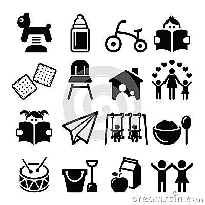 Baby or toddler in nursery or day care icons set Stock Photo