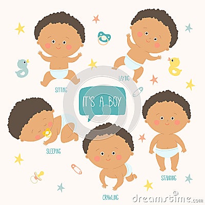 Baby toddler set with babies in diapers. Crawling, sitting, standing, playing, sleeping. African american baby. Vector Illustration