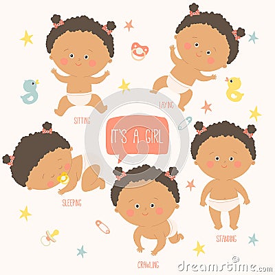Baby toddler set with babies in diapers. Crawling, sitting, standing, playing, sleeping. African american baby. Vector Illustration