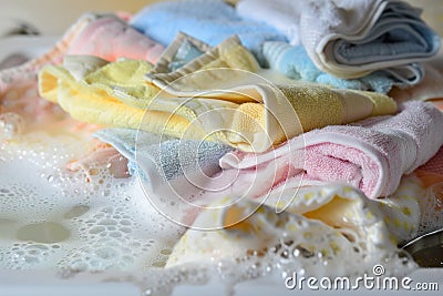 baby towels and washcloths piled in bubbly water in a sink Stock Photo