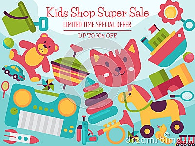 Baby toy shop landing page in flat cartoon style. Kids game teddy bear, pyramid, doll. Children fun and activity play Vector Illustration