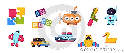 Baby toys. Cartoon kid submarine car spaceship boat and plane transport, puzzle constructor and bath duck. Vector Vector Illustration