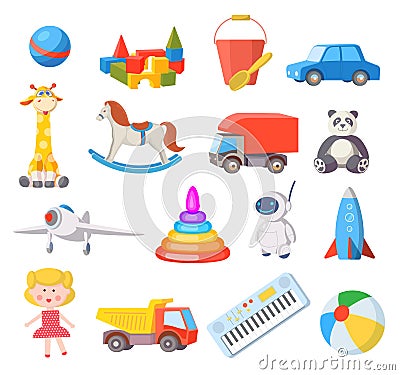 Baby toys. Cartoon kids toy for boys and girls ball, car, doll, robot, rocket and airplane. Fun child belongings for Vector Illustration